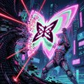Cyberpunk-style artwork featuring a glowing neon butterfly and a figure in a futuristic neon-lit environment.