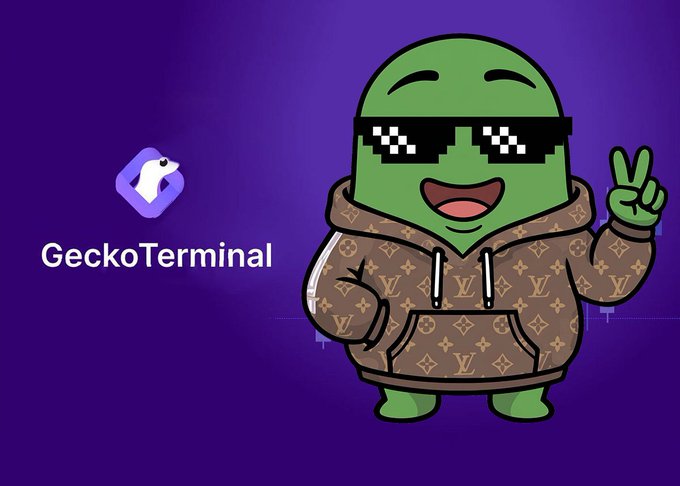 The GeckoTerminal logo displayed next to a green Pepe the Frog character wearing pixelated sunglasses and a designer-patterned hoodie, flashing a peace sign on a purple background.