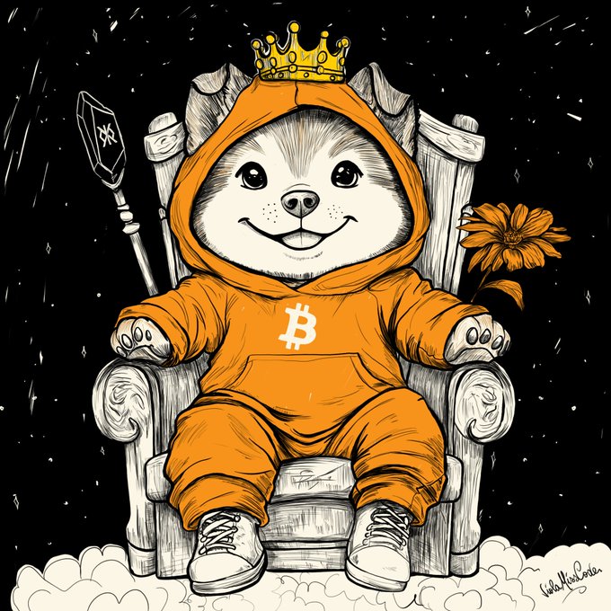 Illustration of a smiling dog wearing an orange Bitcoin hoodie and golden crown, sitting on a wooden throne holding a scepter with a B logo, signed by the artist.