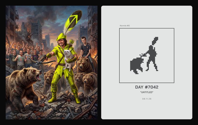 An illustrated Robin Hood character in green with a large feathered hat holds a white cat among bears in a ruined city, paired with a pixel art titled 'DAY #7042 UNTITLED' dated 08.11.26.