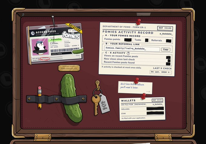 An illustrated 'FOMIES ACTIVITY RECORD' form pinned to a wooden surface, showing access pass details, wallet information, and keys, with some personal data fields obscured by black redaction marks.