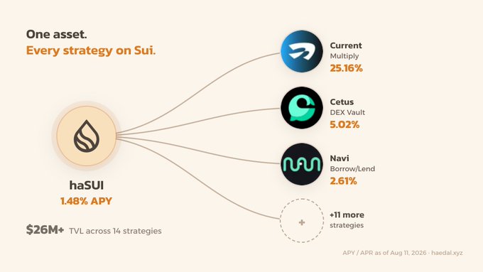 An informational graphic for the cryptocurrency haSUI displaying "One asset. Every strategy on Sui." It shows an APY of 1.48% with a TVL of $26M+ across 14 strategies, including Current (Multiply, 25.16%), Cetus (DEX Vault, 5.02%), and Navi (Borrow/Lend, 2.61%).