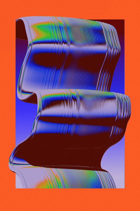 An abstract digital artwork featuring distorted, glitchy chrome-like forms with chromatic aberration effects set against a bright orange background.