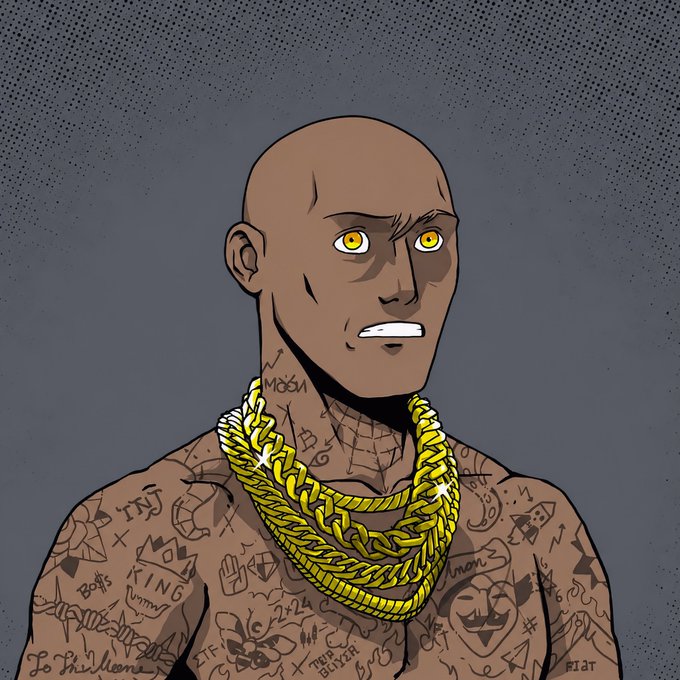 An illustrated portrait of a bald man with yellow eyes, gold chains, and extensive tattoos including the words 'BOSS' and 'KING' across his chest.