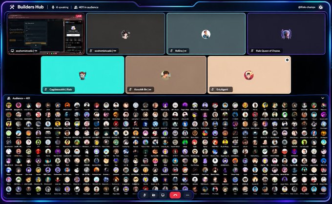 A Builders Hub interface displays a large audience of 401 viewers with several active speaker panels at the top.