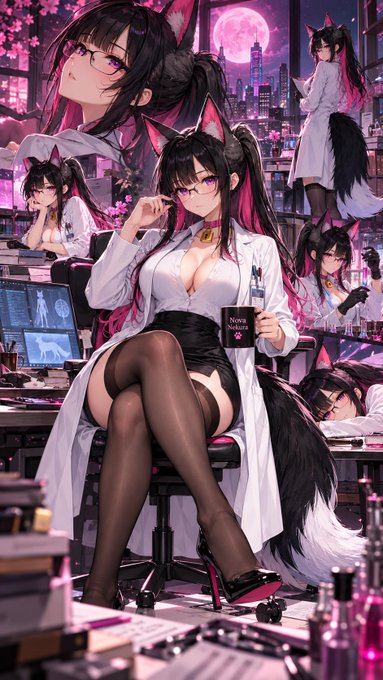 Anime-style artwork featuring a female character with fox ears, dark hair with pink highlights, glasses, and a lab coat, shown in multiple poses within a high-tech laboratory setting.