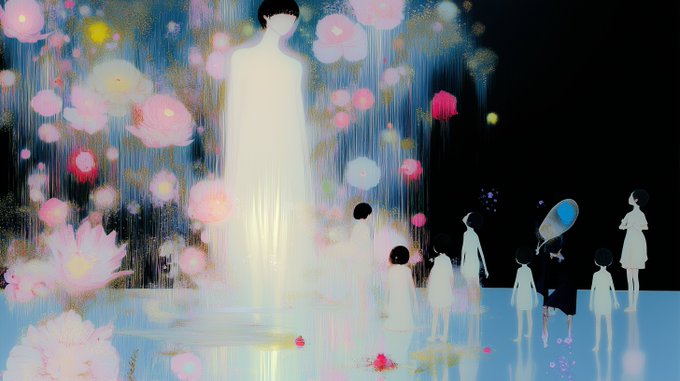 An illustration depicting a luminous white figure surrounded by falling colorful flowers, watched by a group of children in white dresses standing on a blue surface.