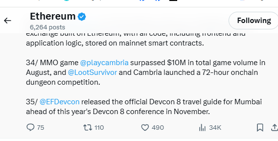 A screenshot of an Ethereum social media post highlighting Cambria's MMO game reaching over $10M in total game volume in August, along with the 72-hour onchain dungeon competition between @LootSurvivor and Cambria. The post showcases Ethereum's recognition of Cambria as item 34/ on the list, validating the game's notable growth.