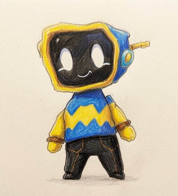 A colored pencil drawing of a cute robot-like character with a TV-shaped yellow and blue head, wearing a zigzag-patterned sweater and black pants.