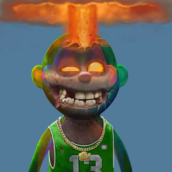 The image is an AI-generated cartoon figure with a warped, greasy clown face wearing a green number 13 jersey and looking like a mushroom cloud (or atomic bomb) is going to explode out of its forehead. It relates to the post because that character would be considered an "Adam Bomb" because of the way it looks like an atomic bomb cloud is coming out of its head.