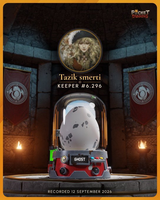 A 'Pocket Dragons' game screen showing a white ghost-like dragon egg in a glass dome labeled 'GHOST', under a player portrait titled 'Tazik smerti' with 'KEEPER #6,296' and 'RECORDED 12 SEPTEMBER 2026'.