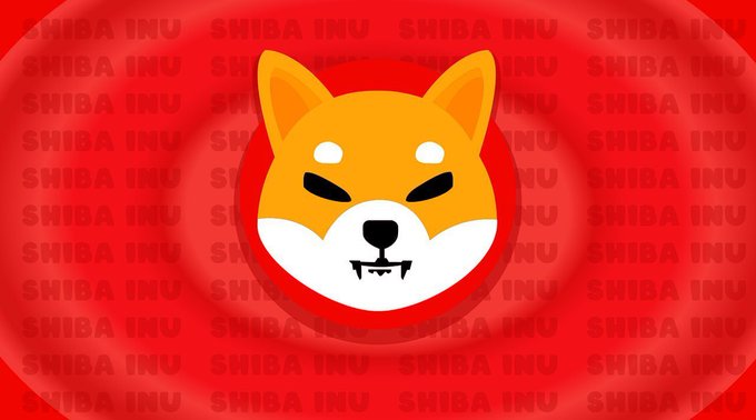 A stylized Shiba Inu dog face (the SHIB meme coin mascot) is centered on a red background with "SHIBA INU" text repeated across it, visually reinforcing the post's reference to the $SHIB cryptocurrency and the concept of buying its price dip.