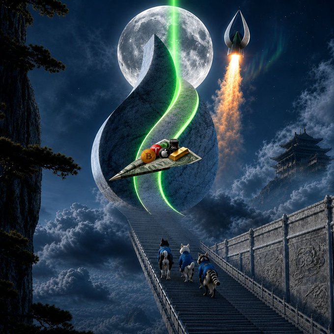 Under a luminous full moon, three costumed dogs ascend a stone staircase toward a giant Bitcoin-shaped monument cracked open by a green laser, where a paper airplane loaded with gold bars and cryptocurrency coins takes off alongside a rocket ship, illustrating the post's "still boarding or paper hands?" message—urging viewers to hold their crypto investments rather than sell off prematurely.