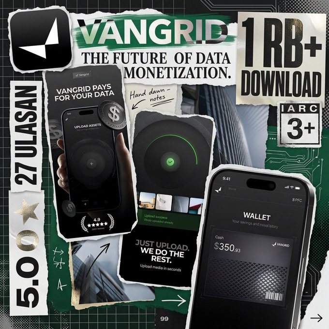 Promotional collage for the Vangrid app, featuring the text 'VANGRID - THE FUTURE OF DATA MONETIZATION,' '1RB+ DOWNLOAD,' '27 ULASAN,' and a 5.0-star rating, alongside smartphone screenshots showing wallet and upload features.