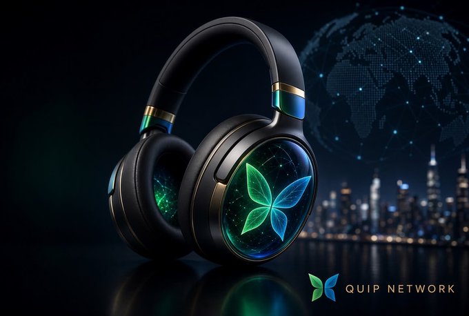 A pair of sleek black headphones with glowing green and blue accents sits against a dark backdrop with a digital globe and city skyline, branded with the "QUIP NETWORK" logo featuring a butterfly emblem in the corner, symbolizing the listening to or broadcasting of innovative ideas.

The image visually reinforces the post's message by using headphones—tools for receiving information—to represent engagement with Quip Network's forward-thinking blockchain infrastructure, which is preparing for a quantum-secure future with features like post-quantum wallets and verifiable randomness.