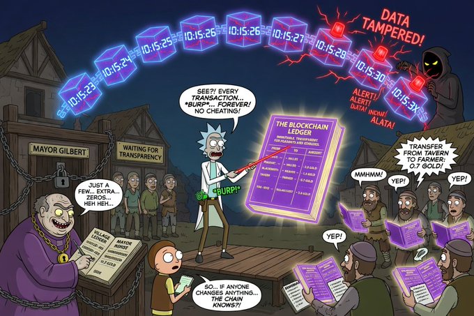 A cartoon illustration depicting Rick (from Rick and Morty) presenting 'The Blockchain Ledger' to townspeople labeled 'Mayor Gilbert' and villagers, explaining that every transaction is permanently recorded, while a hooded figure in the background attempts to tamper with the data with warning alerts flashing.
