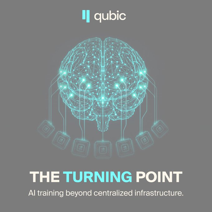 A Qubic-branded graphic features a glowing wireframe brain connected to AI chips with the tagline "THE TURNING POINT — AI training beyond centralized infrastructure," visually echoing the post's claim that a Bittensor ecosystem team is challenging the assumption that large-scale AI training requires billion-dollar centralized datacenters.