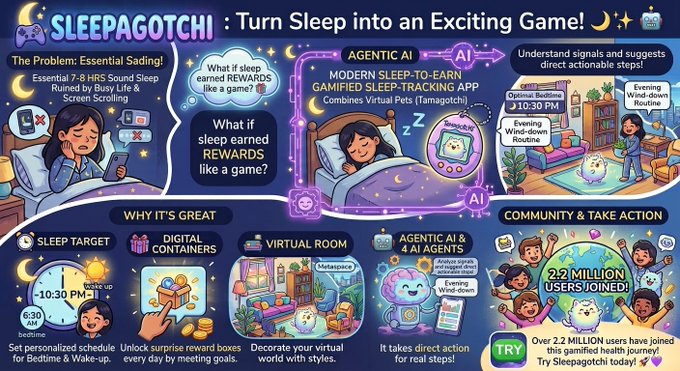 A promotional infographic for 'Sleepagotchi' showing the gamified sleep-tracking app concept, with sections on the problem, why it's great, and community stats noting over 2.2 million users.