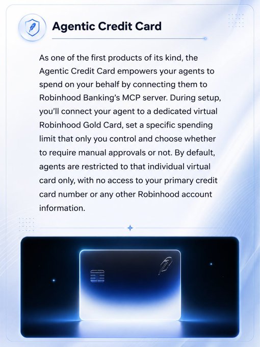 The image features a poster or advertisement with text about Robinhood's new developments in finance. The text states that Robinhood has AI agents for trading and credit card spending. This suggests an innovative approach to handling financial transactions, potentially incorporating artificial intelligence to help users manage their purchases, monitor prices, and make trades more efficiently. The focus on the image and the content presented may be intended to capture the attention of potential customers interested in using this new platform or app.
