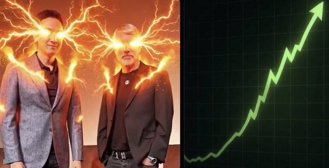 Two men depicted with glowing laser eyes standing against an orange background, paired with a green upward-trending stock chart.