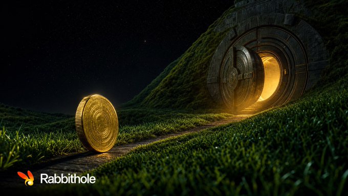 A digital artwork for 'Rabbithole' shows a large gold coin resting on a path leading to a glowing circular doorway built into a grassy hillside under a starry night sky.