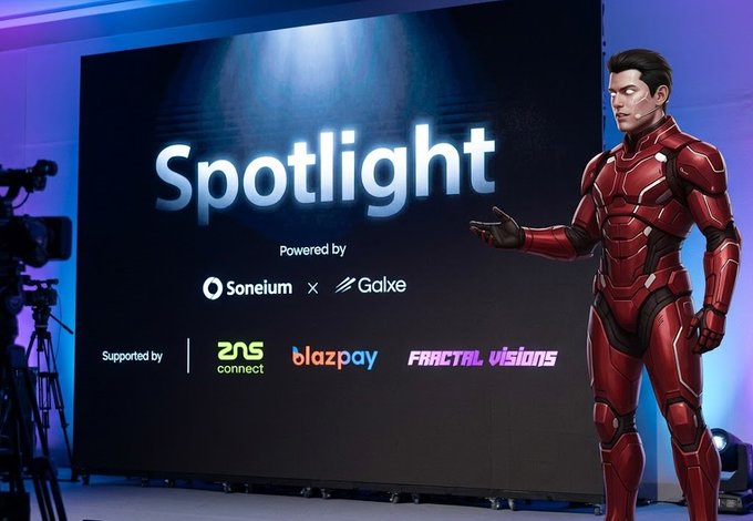 The image features a man dressed as Iron Man standing next to a large screen displaying the words "Spotlight" written in white letters. The man appears to be giving a speech or presentation related to the @soneium ecosystem, which includes IP, Music, Entertainment, and Gaming. The backdrop of the scene is a black wall with a blue light shining on it, creating an interesting visual effect that highlights the importance of the @soneium platform in today's digital landscape.