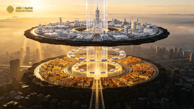 A glowing multi-tiered floating cityscape features luminous beams connecting a modern upper city to a sprawling lower urban district, symbolizing interconnected growth and digital infrastructure. The watermark "Arkie | DoFAI" appears in the top-left corner, reinforcing the post's theme of Arkie AI's expanding ecosystem linking AI agents, users, and real-world workflows through growing connections and utility.