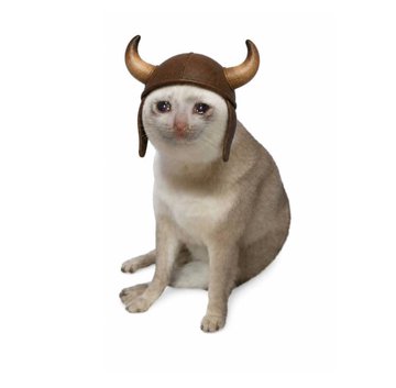 A Siamese cat wearing a brown Viking-style helmet with golden horns sits against a white background, fittingly representing the newly trademarked "BULLCAT" character that merges a bullish horned aesthetic with the classic Cash Cat meme.