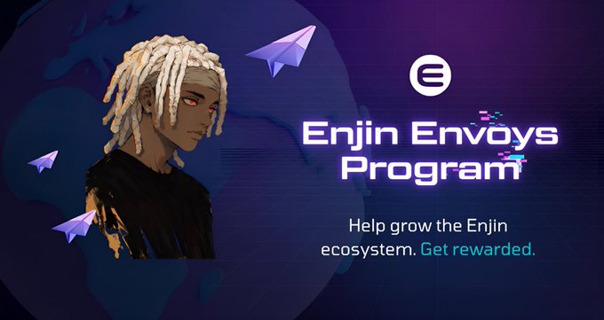 A promotional banner for the 'Enjin Envoys Program' featuring a digital character with blonde dreadlocks against a blue and purple background, with text reading 'Help grow the Enjin ecosystem. Get rewarded.'