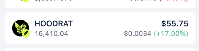 A crypto tracking interface displays "HOODRAT" at $0.0034 with a +17.00% gain and a portfolio value of $55.75 (16,410.04 tokens held). The image illustrates the post's discussion about holding 15k HOODRAT tokens, though the $55.75 position suggests the poster is advising on NFT utility for existing holders rather than token accumulation.