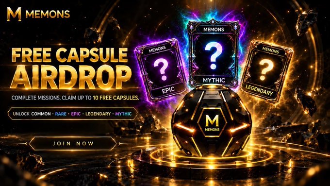 Promotional banner for the Memons "Free Capsule Airdrop," featuring a glowing capsule alongside Epic, Mythic, and Legendary card tiers with question marks, advertising up to 10 free capsules for completing missions via apepe.io/mypage-missions.