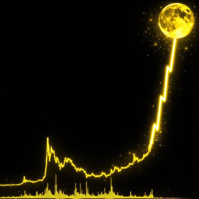 A glowing golden line chart rockets upward in a steep parabolic spike toward a luminous full moon against a black sky, with a bar-style volume chart below, visually symbolizing the post's request for a low market cap memecoin poised to "moon."