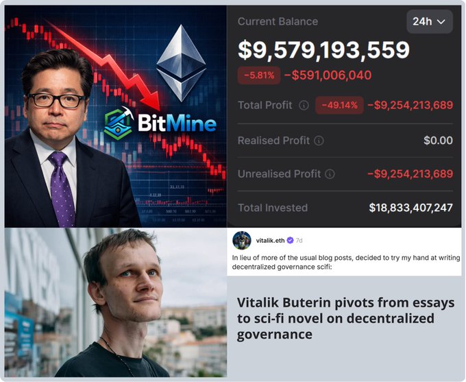The image features a meme with two men wearing suits, one man wearing glasses and the other having short hair. Both of them appear to be smiling. The background of the meme is black with the text reading "BITMINE". Below the main image, there is a caption that reads "Current balance $9,569,999.39" accompanied by some descriptions or information about the value of the Bitcoin. This suggests that the post might provide an explanation or context about the worth of Bitcoins in the image, possibly comparing it to a popular meme, and possibly hinting at the humorous aspect of using such visuals for serious financial discussions.