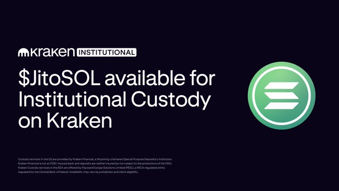 The image features a poster for a product called "JitoSOL" that is available for institutional custody. The poster includes a green circle with white text, which reads "$JitoSOL (by @jito_sol ) holders now have access to institutional-grade custody". The poster also mentions that the product supports Solana native assets and highlights the presence of a list of Solana Spl tokens on the poster.