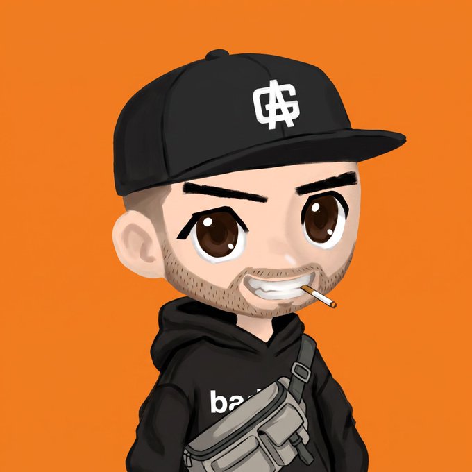 A digital cartoon illustration depicts a bearded man with large eyes wearing a black cap with a logo, a black hoodie, and a crossbody bag, smoking a cigarette against an orange background.