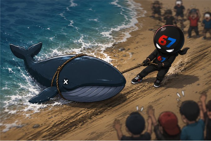 An illustration showing a small black-clad character with '67' on its head pulling a large blue whale onto a beach with a rope, while cartoon onlookers react.