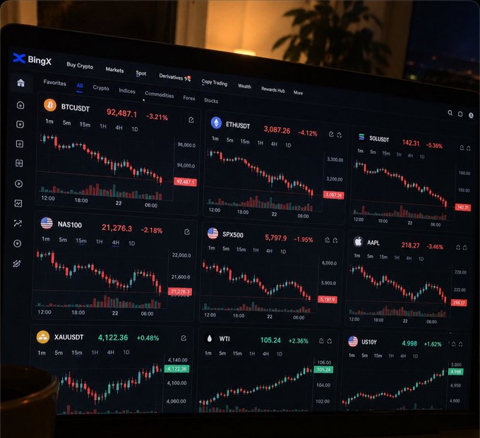 A BingX cryptocurrency exchange dashboard displayed on a curved monitor, showing multiple trading pairs including BTCUSDT, ETHUSDT, SOLUSDT, NAS100, SPX500, AAPL, XAUUSDT, WTI, and US10Y with their respective price changes.