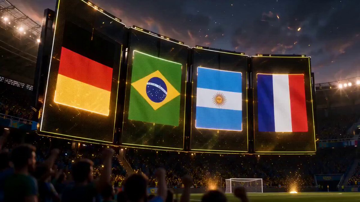 The image shows a large screen displaying four different flags from various countries, including Brazil, Argentina, Uruguay, and France. The flags are arranged in a square formation with each flag representing a different country. A crowd of people can be seen watching the display on the big screen, indicating that it is an event or gathering related to international relations or sports.