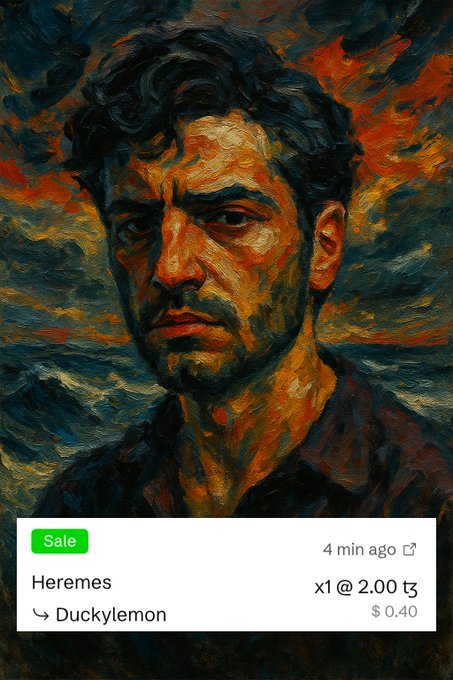 An expressionist oil painting of a man with dark curly hair against a swirling background, displayed in an NFT marketplace listing titled 'Heremes' by 'Duckylemon' sold for $0.40 four minutes ago.