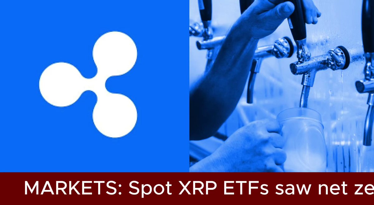 The image shows two blue squares with white logos, one of which is a white "XRP" symbol surrounded by three circles representing the Ripple cryptocurrency. The other square features a person's hand holding a tap connected to a bar or restaurant setting. Below these images, there is text that reads "Markets: Spot XRP ETFs saw net zer".