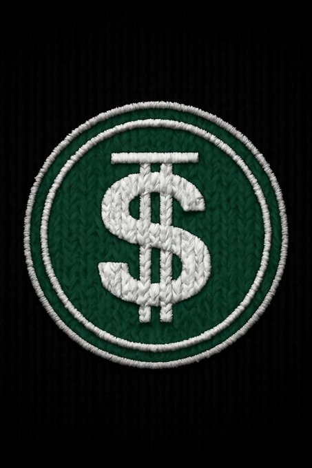 An embroidered green circular patch featuring a white dollar sign with an extra horizontal bar, resembling a stock market ticker.
