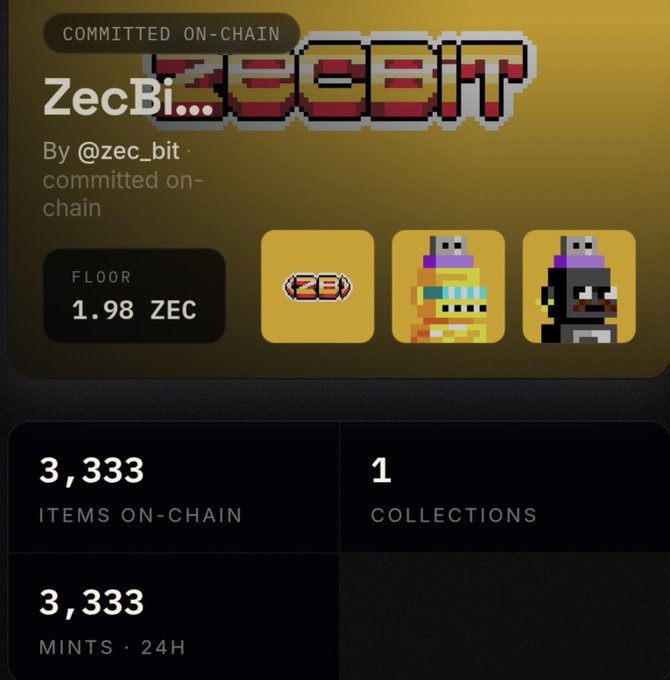 An NFT marketplace listing for 'ZecBit' by @zec_bit, showing pixel-art items with a floor price of 1.98 ZEC, 3,333 items on-chain, 1 collection, and 3,333 mints in 24 hours.