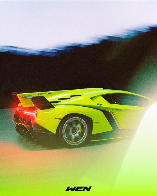 A neon yellow Lamborghini is shown in motion blur with "VENTO" on its spoiler, alongside "WEN" branding at the bottom, visually stylizing the $WEN ticker.
