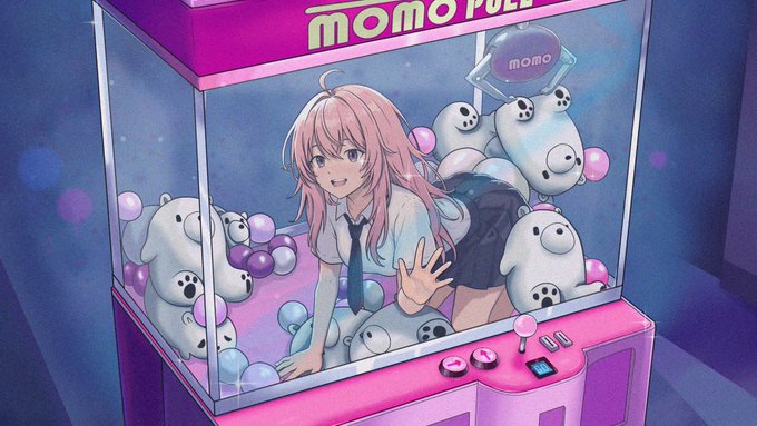 An anime-style illustration shows a pink-haired girl inside a pink 'MOMO' claw machine, surrounded by white bear plushies and pastel balls.