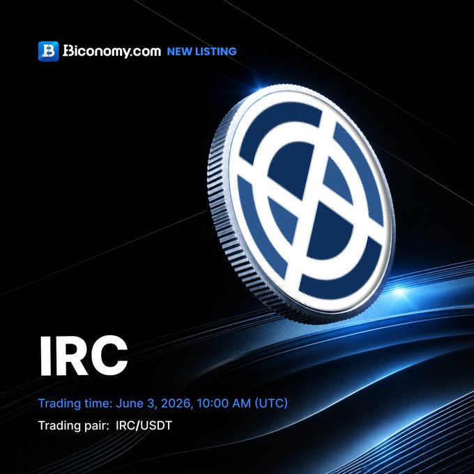 The image features a coin called @IRIS_CHAIN, which is listed as a new listing on BiconomyCom. The coin has a blue and white design with an x symbol at its center. The post also mentions that there will be a trading pair available in June 3rd, 2026, at 10:00AM (UTC).