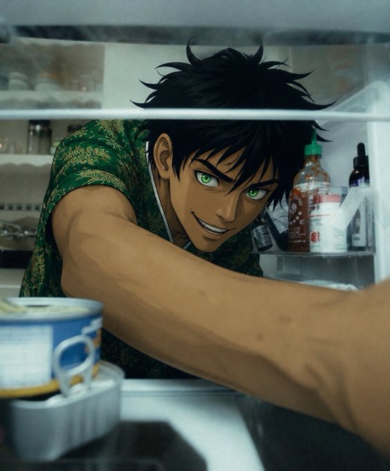Anime-style illustration of a young man with messy black hair and green eyes wearing a green patterned shirt, reaching into a refrigerator.