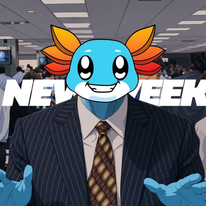 Cartoon character with a blue axolotl-like head and orange fins wearing a pinstripe business suit and tie, overlaid on an office background with large 'NEW WEEK' lettering.