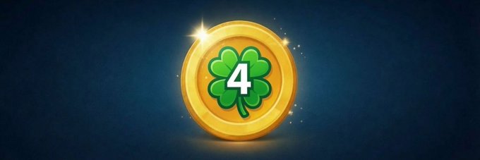 A golden coin featuring a green four-leaf clover with the number "4" is displayed against a dark blue background. This matches the described banner image for the Solana token $4chan on Moby, symbolizing luck with the clover motif.