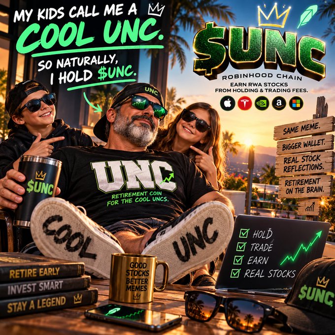 A promotional advertisement for '$UNC - ROBINHOOD CHAIN' cryptocurrency, showing a family with a man wearing a 'UNC - RETIREMENT COIN FOR THE COOL UNCS' shirt, with text 'MY KIDS CALL ME A COOL UNC. SO NATURALLY, I HOLD $UNC.' and 'SAME MEME. BIGGER WALLET. REAL STOCK REFLECTIONS. RETIREMENT ON THE BRAIN.'