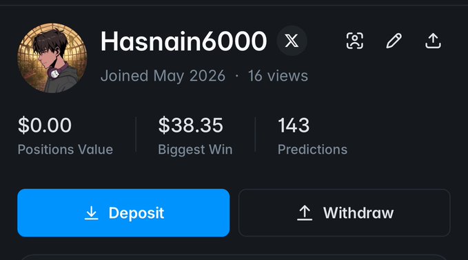The image shows a social media post about a person named Hasnain60000 who has joined May 26th, 2026 for a live stream. The post includes a list of numbers that represent the predicted positions value at the time of the live stream. It also mentions two other popular prediction markets, @Polymarket and @predictdotfun, which are known to be good places to make predictions and earn points.